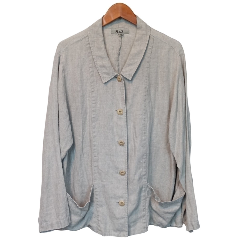 Flax 100% Linen Lagenlook Button Up Collared Shirt Jacket Tan Size 18